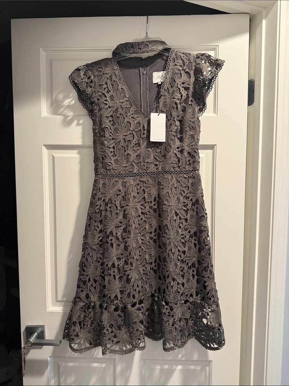 J.O.A. Charcoal Gray/Taupe Floral Crochet Mini Dress